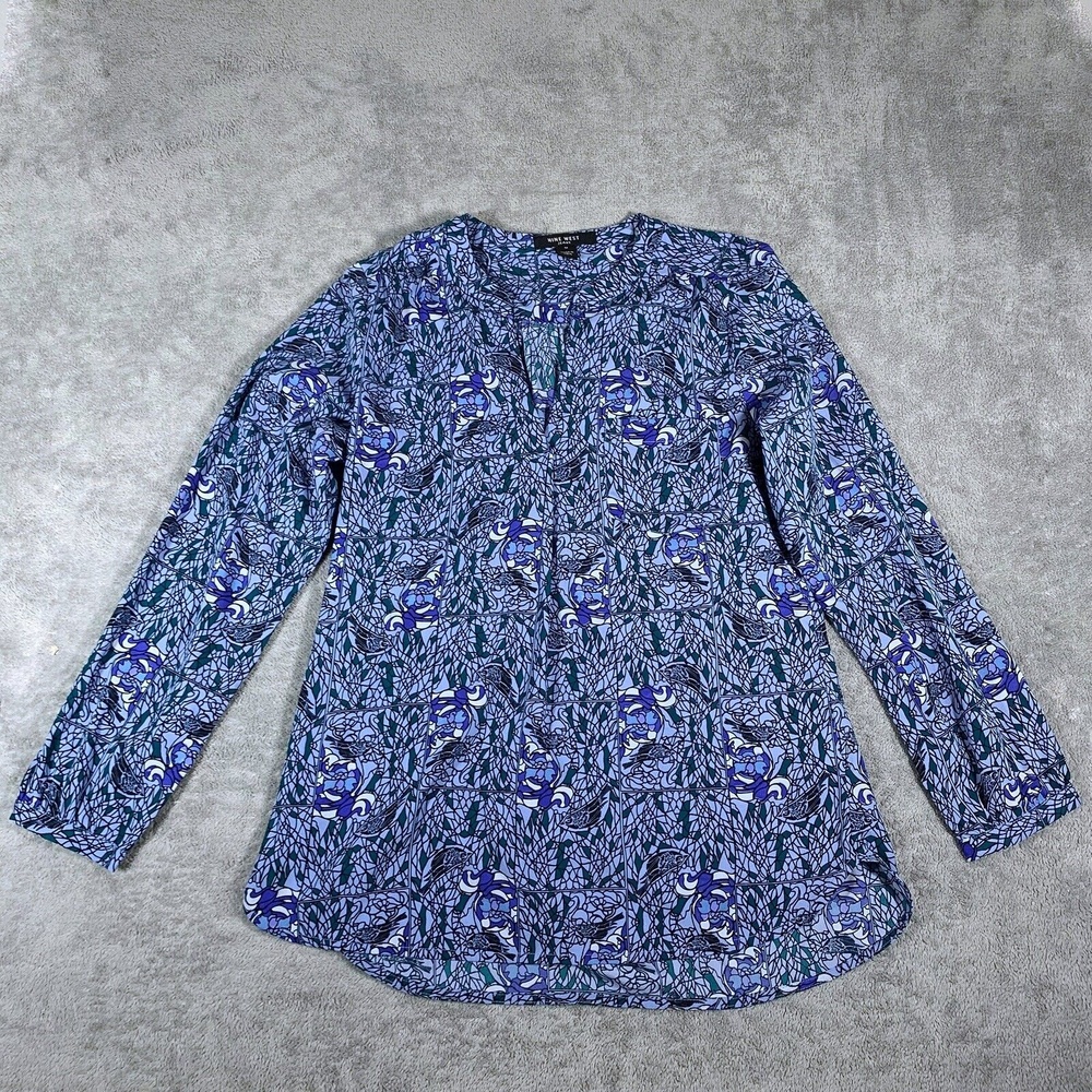 Nine West Birdie Floral Abstract Peasant Blouse Size Medium Womens